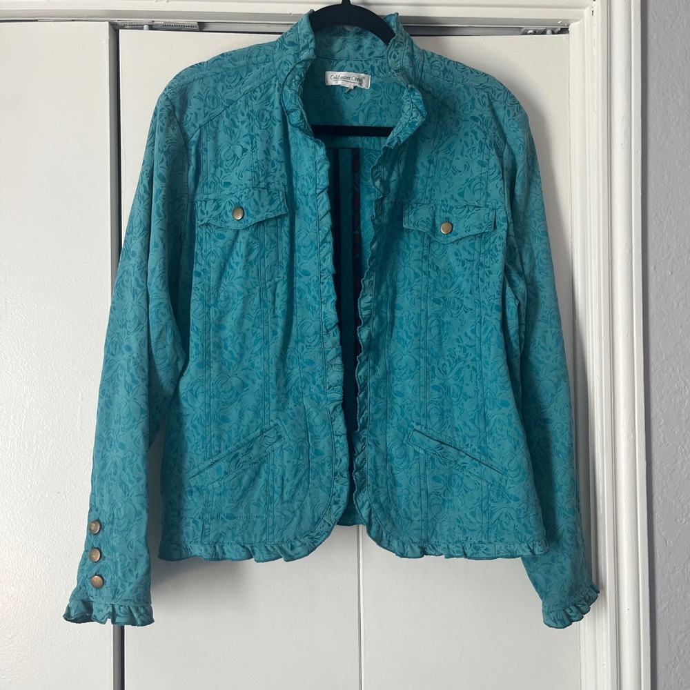 Coldwater Creek Teal Blue Floral Jacquard Ruffle Trim Jacket Brass Buttons L